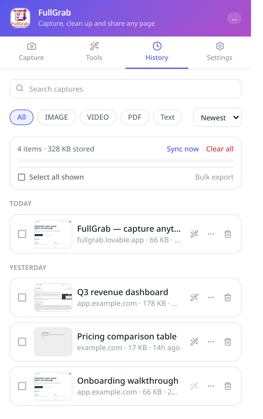 FullGrab History tab with search, filters and bulk selection